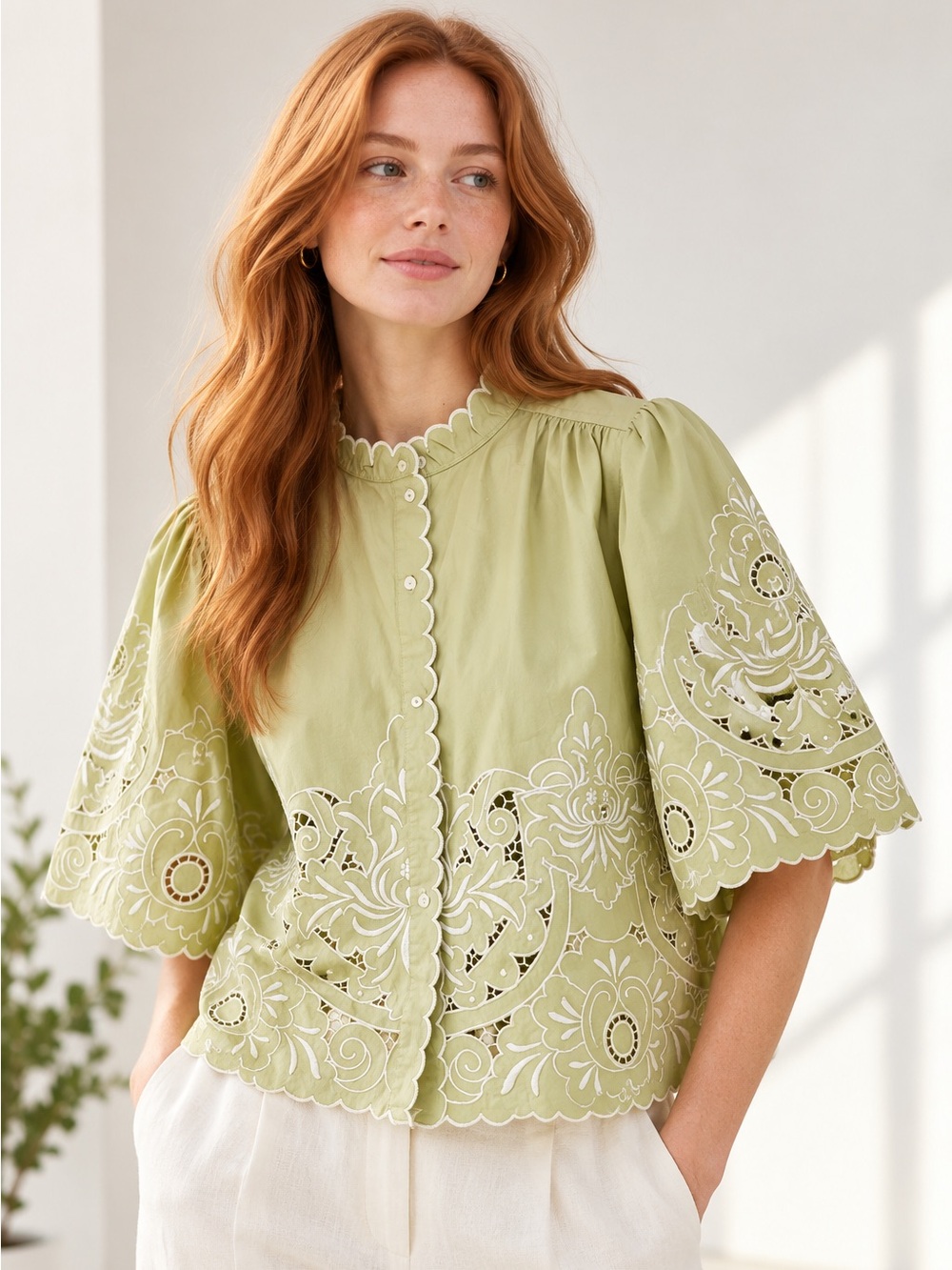 NWT AND/OR John Lewis Pistachio Green Cutwork Embroidered Scallop Top US 8